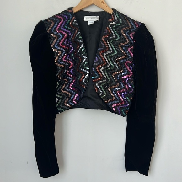 Scott McClintock Formal‎ Black Velvet Vtg 80s Disco Sequined Jacket Sz 8 ◼️ - Picture 1 of 6